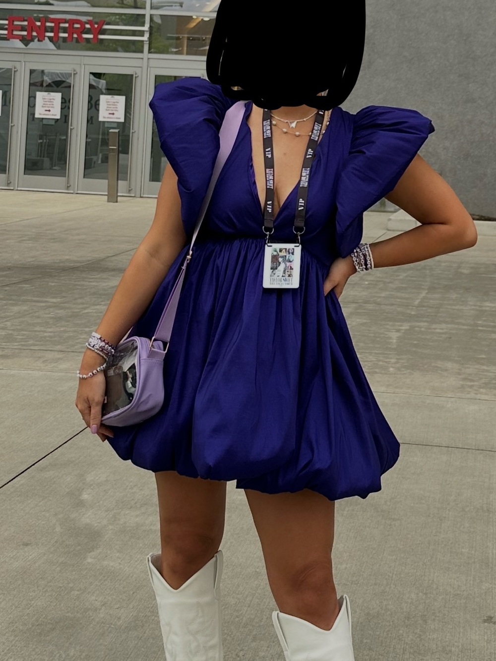 AKIRA CLEMENTINE BUTTERFLY SLEEVE MINI PUFF DRESS IN DARK PURPLE - Picture 7 of 7